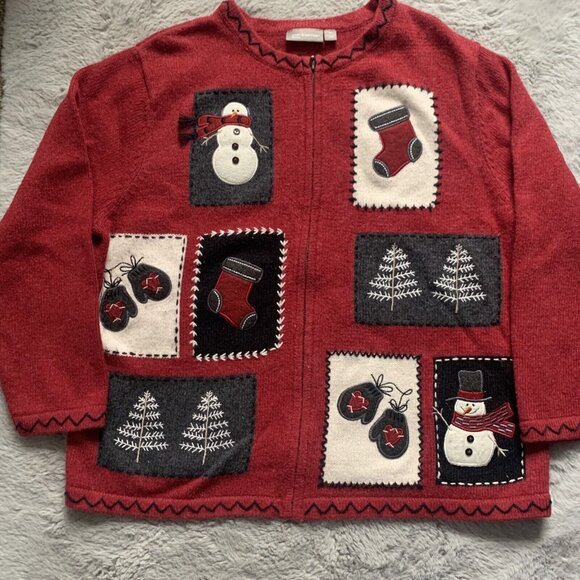 Croft & Barrow Women's Full Zip Christmas Sweater Size1X Embroidered Snowman Red - Picture 2 of 9